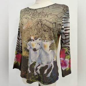 LIA Fantasy Unicorn Mesh Top Zebra Floral Print Y2K Fairy Grunge